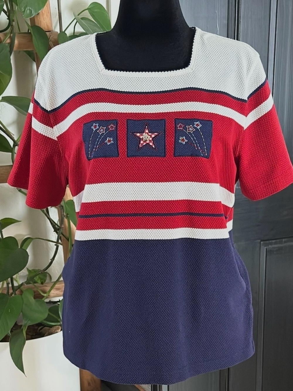 Vtg Alfred Dunner Short Sleeve Patriotic Top Square Neck Americana Embellished L